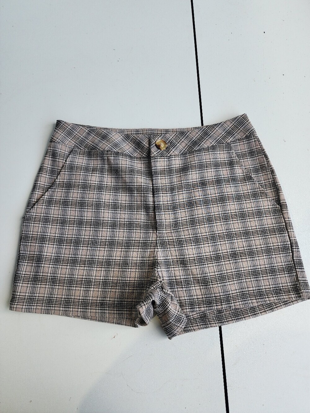 Full Tilt Womens Tan Beige Black Plaid High Waisted Shorts Rayon Houndstooth L